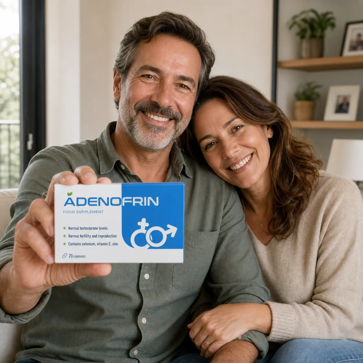 Casal de meia‑idade sorridente com caixa de Adenofrin
